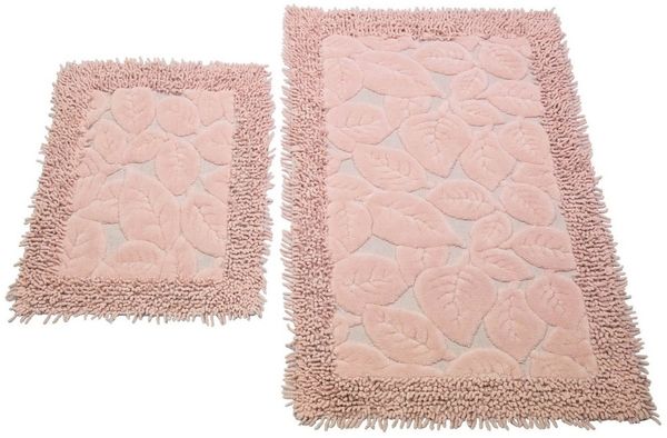 TeppichHome24 Teppich Badematten Set 2 Teilig Blätter Design Rosa Rutschfest & Waschbar, rechteckig, Höhe: 7.5 mm