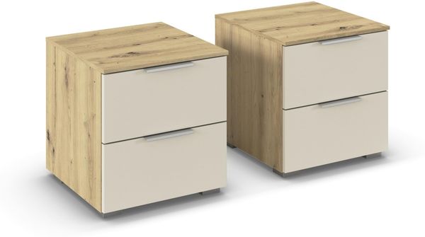 Rauch Möbel Alabama, Nachttisch-Paar für Schlafzimmer, Kinderzimmer, Gästezimmer, mit je 2 Schubladen, Soft-Close-Funktion, Farbe Beige/Eiche Artisan, Holz, Griff Alufarben, Maße 40 x 42 x 42 cm