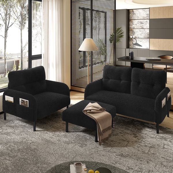 Fußhocker aus Cordstoff, moderner Polsterhocker mit stabiler Metallstruktur, weiche Polsterung & ergonomische Sitzhöhe,Schwarz