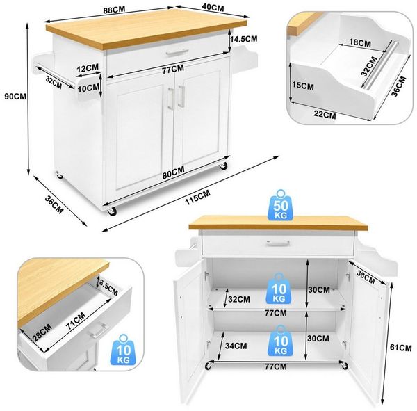 FIVMEN Küchenwagen Kücheninselwagen auf Rollen Küchen Wagen Küchenschrank 115x36x90cm, Für Küche, Wohnzimmer, Esszimmer