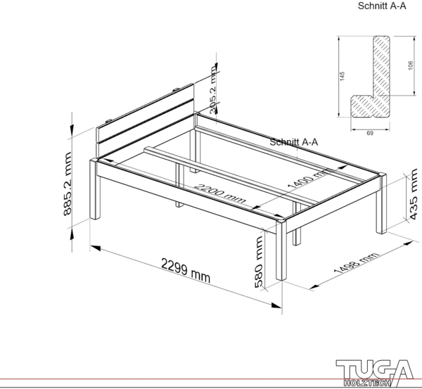 Pfostenbett "metallarm" Zirbe Holzbett "Daybett" 140 x 220cm 58cm Doppelbett Bild 6
