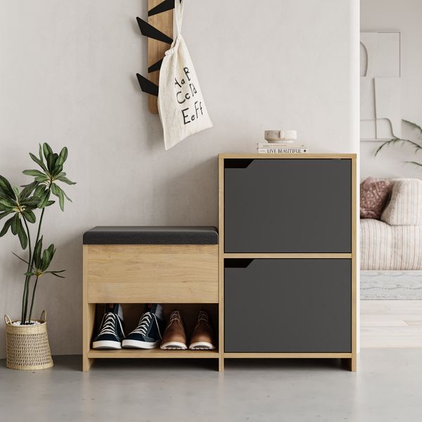 Schuhschrank, 'Haven', 80,5 x 35,5 x 101,5, Anthrazit, Eiche