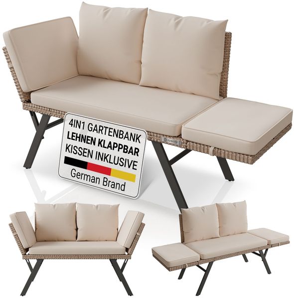 JUSKYS® Multifunktionsbank Calvia Creme/Sand - klappbare Polyrattan Sonnenliege inkl. Kissen, Gartenbank mit 240 kg Belastbarkeit