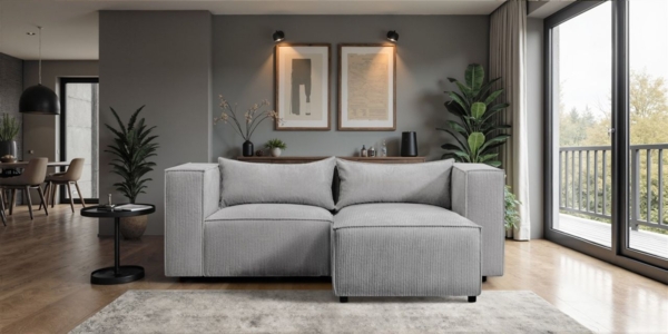 Ecksofa Designersofa NEVIO XS in Stoff Lincoln Grau Ottomane Rechts