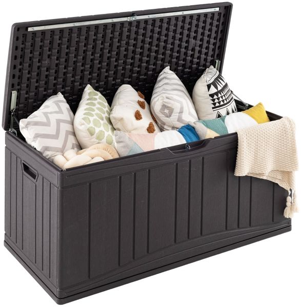 300 L Gartenbox großer HDPE-Aufbewahrungsbox mit Gasdruckfedern & abschließbarem Deckel Braun