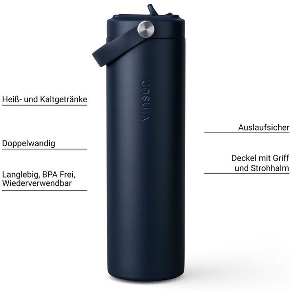 Vinsun Isolierflasche Thermoflasche 750ml mit Strohhalm - Sport Trinkflasche mit Tragegriff, Auslaufsicher, doppelwandig isoliert, geruchs- und geschmacksneutral