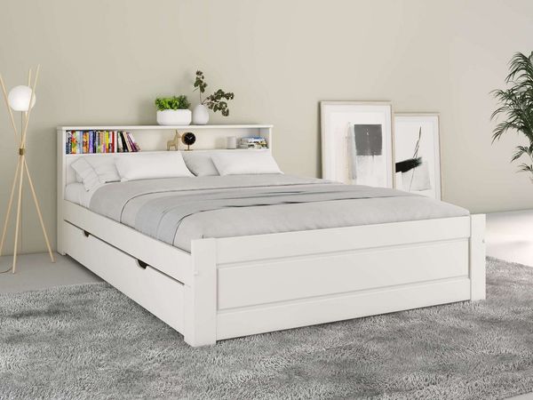 OTTO home Massivholzbett FLAVION, Jugendbett, Stauraum, FSC® zertifizierte Kiefer (Breite: 90, 140, 180), Qualitätsprodukt, Regal, Kassettenoptik, Schublade optional