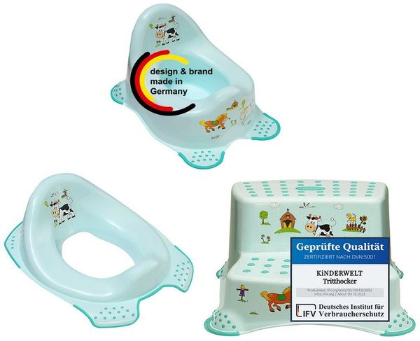 KiNDERWELT Tritthocker 3er Set Funny Farm aquamarin: Kindertopf + WC Aufsatz + zweistufiger (3 St)