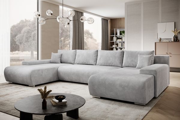 Ecksofa Credo, Couch U-Form, Sofa mit Schlaffunktion und Bettkasten, 348 x 81 x 185 cm, Hellgrau