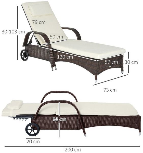 Outsunny Gartenliege mit 5-Fach verstellbarer Rücklehne, Polsterauflage, Rollen, Kissen, Liege, 1 St, Sonnenliege, 160 kg belastbar, für Garten, 200x73x30-103cm, Kaffeebraun Bild 3
