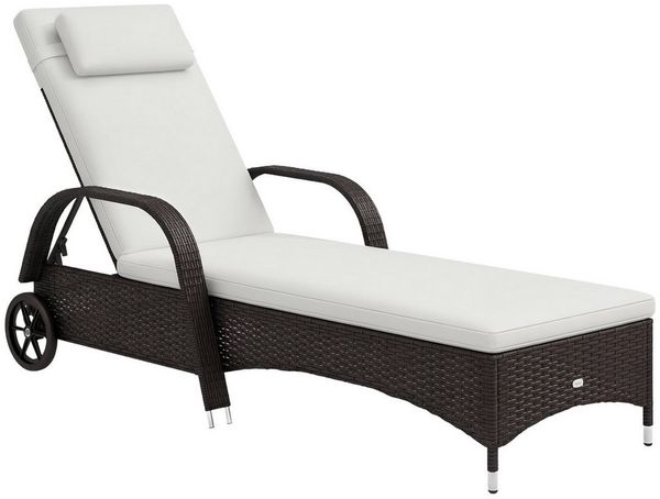 Outsunny Gartenliege mit 5-Fach verstellbarer Rücklehne, Polsterauflage, Rollen, Kissen, Liege, 1 St, Sonnenliege, 160 kg belastbar, für Garten, 200x73x30-103cm, Kaffeebraun
