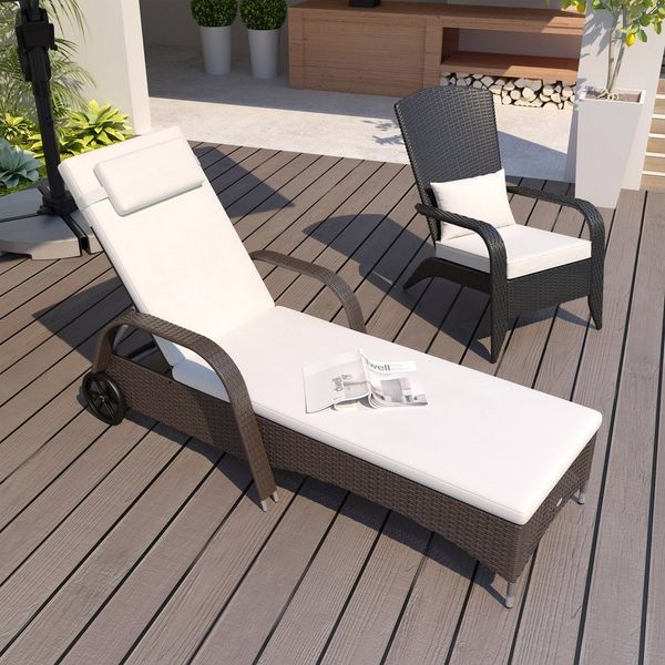 Outsunny Gartenliege mit 5-Fach verstellbarer Rücklehne, Polsterauflage, Rollen, Kissen, Liege, 1 St, Sonnenliege, 160 kg belastbar, für Garten, 200x73x30-103cm, Kaffeebraun