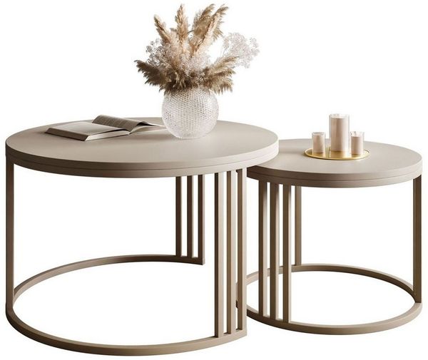 Lookway Couchtisch LORI 2in1 MATT, runder Couchtisch mit kaschmirfarbenem Gestell (2er Set), Durchmesser: ⌀70 cm und ⌀50 cm