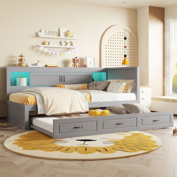 Merax Daybett 90x200cm mit Ausziehbett 90x190cm, Schlafsofa Tagesbett mit LED-Beleuchtung & USB & Staufach & Steckdosen