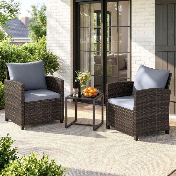 COSTWAY Balkonset, (3-tlg), Rattan Gartenmöbel mit 2 Stühle & Tisch, 2 Personen