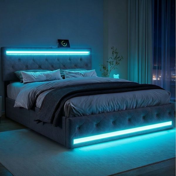 PXloue Polsterbett LED Doppelbett 140x200cm mit Ladefunktion und 4 Schubladen Polsterbett (Geeignet für Jugendliche und Erwachsene), Stauraumbett, mit RGB-LED, Lattenrost und praktischen Schubladen