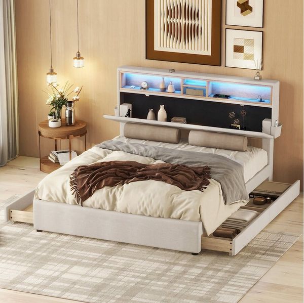 REDOM Polsterbett LED Doppelbett USB Steckdose Schubladen (Funktionsbett mit vier Schubladen, verstellbares Kopfteil, mit USB-Aufladung und LED-Beleuchtung), mit aufladen USB und LED-Beleuchtung,ohne Matratze