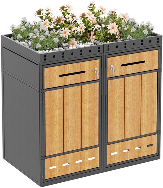 Mülltonnenbox, Mülltonnenunterstand mit Hochbeet, 120L 240L, wetterfest, Container, Abfallbehälter, Tonnenhaus, Gartenbox, abschließbare Müllbox (2 Tonnen)