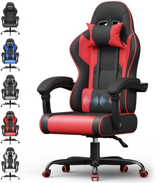 Devoko Gaming Stuhl mit Massagefunktion, Bürostuhl Ergonomisch mit Verstellbarer Ruckenlehne (90-135), Schreibtischstuhl mit Bewegliche Armlehne, max 150kg, rot