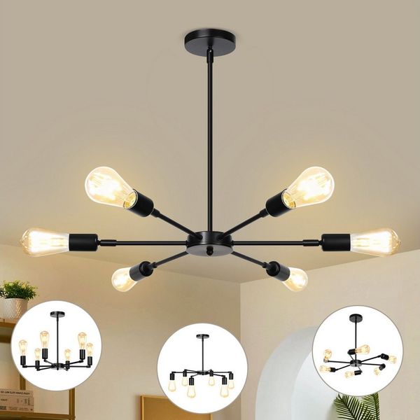 Jibenhome LED Kronleuchter LED Pendelleuchte 6-Flammige Industrielle Hängelampe, Schwarz, E26/E27, LED fest integriert, Moderner Kronleuchter mit Drehbarer Lampenschale, ohne Leuchtmittel