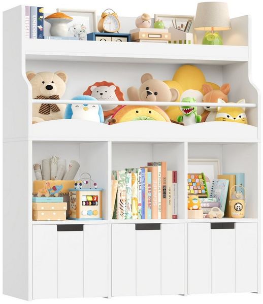 HOMECHO Spielzeugtruhe Kinderregal mit 5 Fächern und Rollschubladen, Weiß Kinderbücherregal für Schlafzimmer Kinderzimmer 110x100x30cm