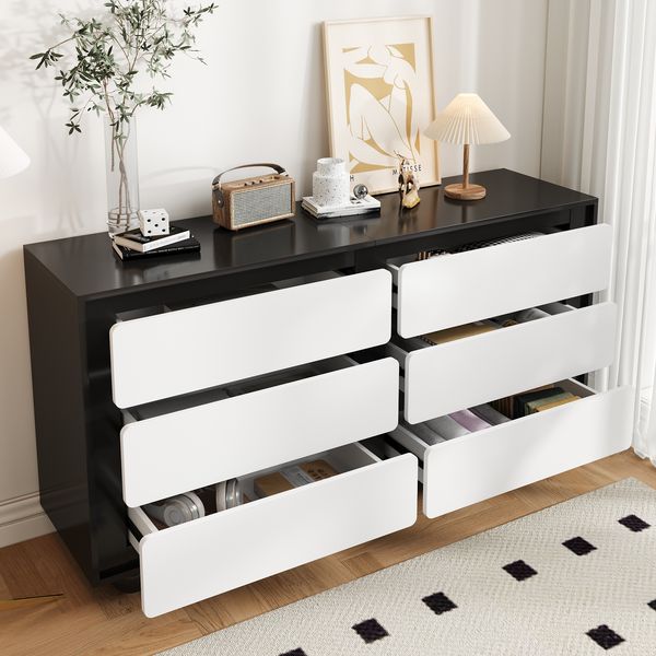 Kommode Schwarz Weiß mit 6 Schubladen, moderne Aufbewahrung, elegante abgerundete Fronten, stabile Metallfüße, Schlafzimmer Wohnzimmer Schrank