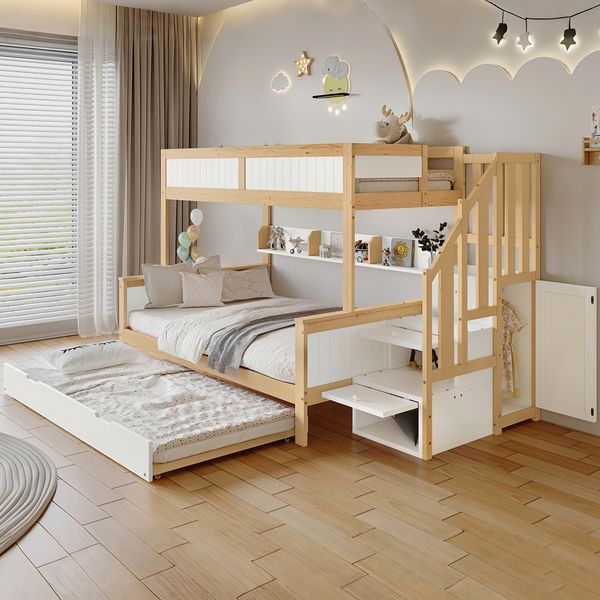 Etagenbett 90x200 cm, Hüttenstil mit Treppe & Schutzgeländer, Kiefernholz, weiß