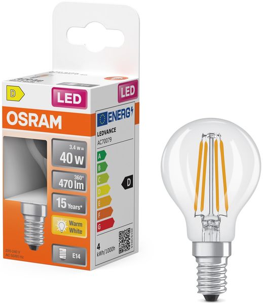 Osram LED Retrofit CLASSIC P in P-Form, LED-Lampe, Glas, klar, 3,4 W, 470 lm, 2700 K, CRI 80