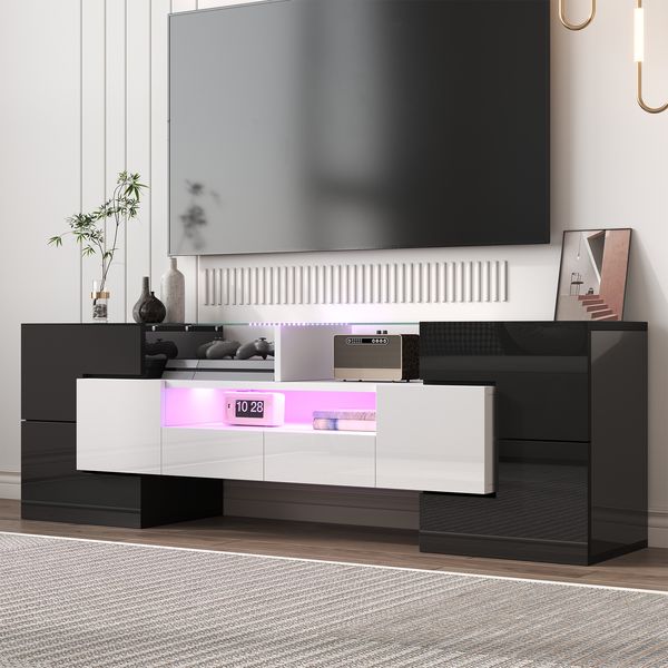 TV-Schrank Hochglanz Weiß Beton mit LED-Beleuchtung, Multimedia-Sideboard, moderne Wohnzimmerschrank