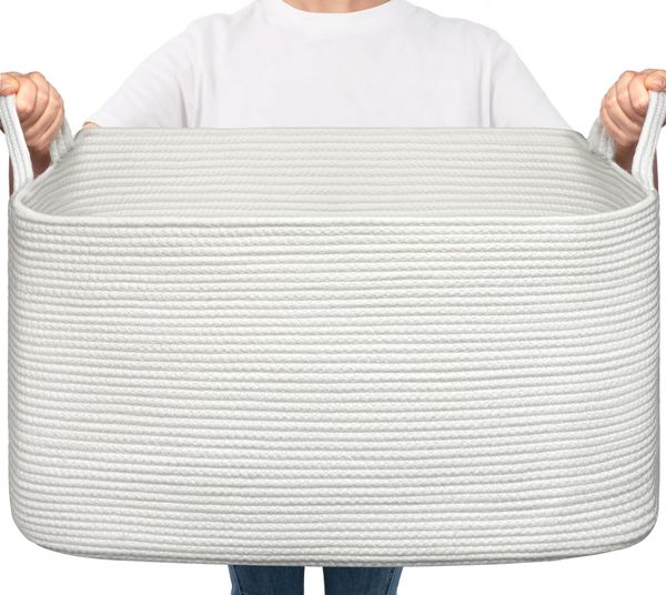 TIMEYARD Wäschekorb, Wäschesammler, Aufbewahrungskorb, Square Laundry Baskets, Geflochtener Korb, Wäschekorb Kinderzimmer, Aufbewahrungskorb Kinder für Spielzeug, 65L, Weiß