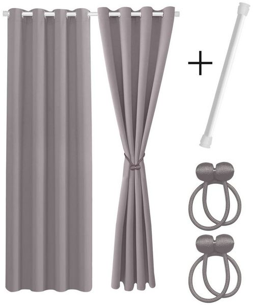Cozyor Vorhang Set mit 2x Gardine + 2x Vorhanghalter + 1x Gardinenstange ohne Bohren, Ösen (2 St), verdunkelnd, Polyester, blickdicht hellgrau Moonlight, Thermo Gardine 240x135 cm mit Magnethalter, Flur & Fenster
