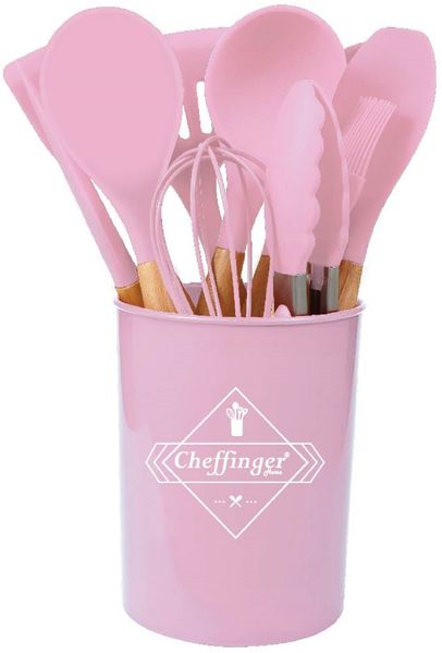 12-tlg Küchenhelfer Kochbesteck Set Kochgeschirr Silikon Holzgriff Pink