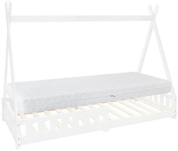 ML-DESIGN Spielbett Hausbett Tipi Zeltbett inkl. Lattenrost Bodenbett Kinder Himmelbett, Abenteuerbett mit Rausfallschutz Zelt Bett Kiefer Weiß Kinderhaus