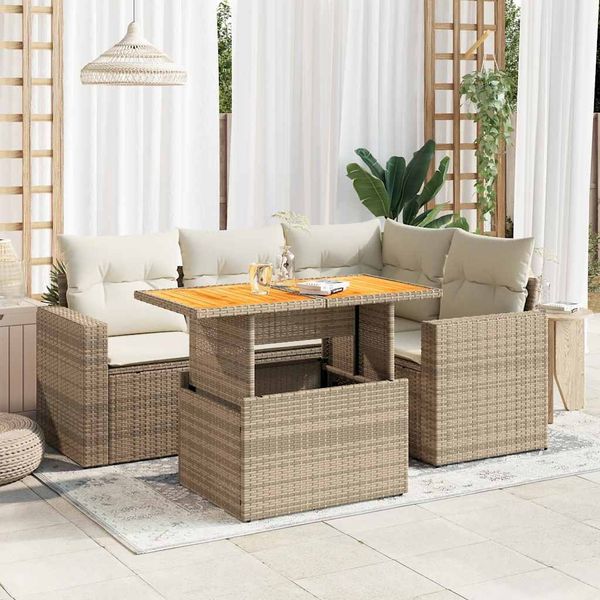 vidaXL 5-tlg. Garten-Sofagarnitur mit Kissen Beige Poly Rattan 3327033