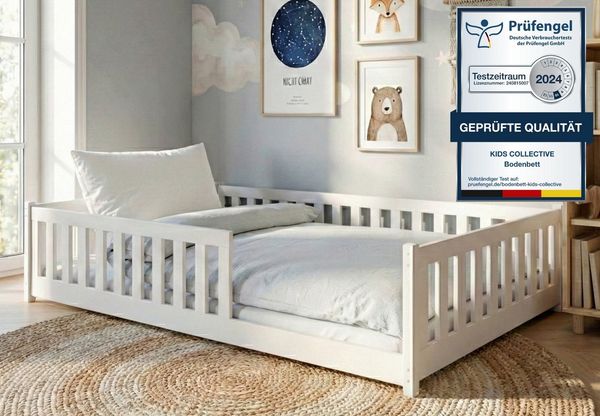 Kids Collective Kinderbett Bodenbett Bett mit Rausfallschutz & Lattenrost Montessori Bett Kinder (Jungen, Mädchen, Kinder, weitere Größen 80x160, 80x180, 90x190, 90x200, 120x200 cm), Jugendbett Gitterbett Einzelbett mit Matratze, Weiß 140x200 cm