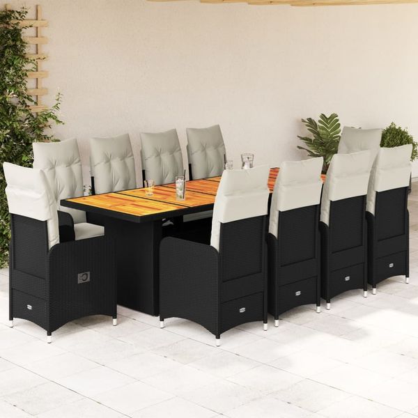 vidaXL 11-tlg. Garten-Bistro-Set mit Kissen Schwarz Poly Rattan 3277272