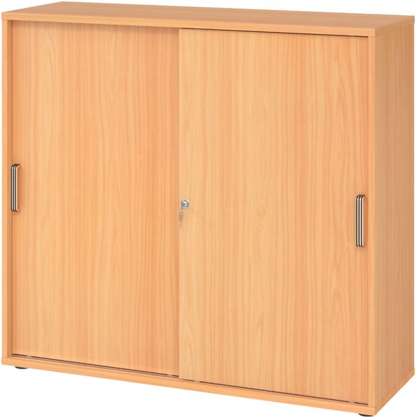 bümö Schiebetürenschrank 3OH - Aktenschrank abschließbar, Sideboard Schrank mit Schiebetüren in Buche, Streifengriff - Büroschrank aus Holz mit Schiebetür, Büro Kommode für Ordner & Co, 1753S-6-6-SG