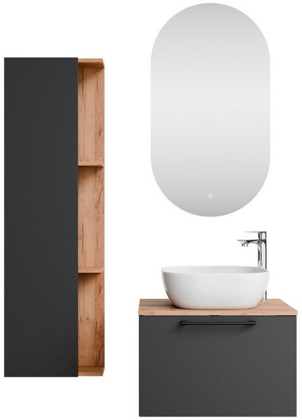 Planetmöbel Badmöbel-Set Astra, (Badezimmer Möbel im modernen Design, 4-St), Waschtisch und Waschbecken weiß mit Spiegel & 1x Seitenschrank