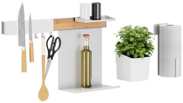tesa Hakenleiste tesa Küchen-Organizer Kombi-Set L - selbstklebende Küchenleiste, (Komplett-Set, 7 St, inkl. Kräutertopf, 2 Ablagen, Messer- und Rollenhalter, Hakenleiste), Flexible Organisationsleiste für die Küche, Montage ohne Bohren