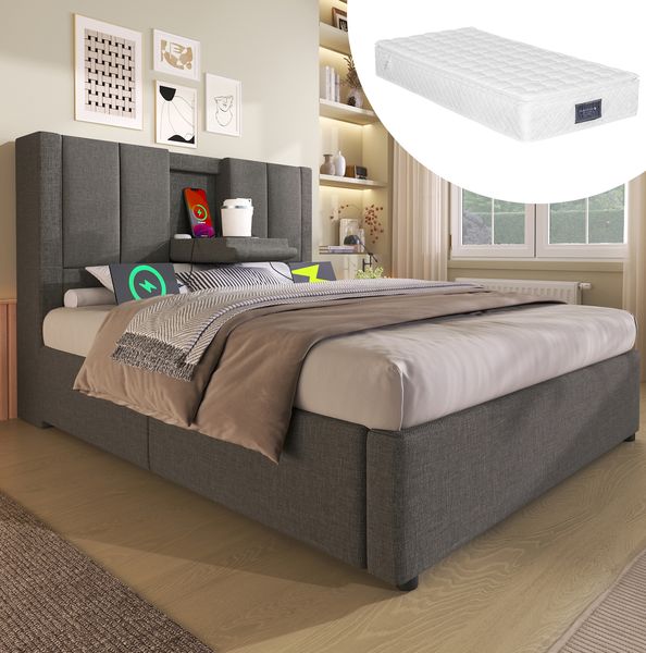 Polsterbett 90x200 cm mit Matratze, Stauraum, USB-/Type-C-Ladestation und klappbarem Becherhalter, Leinen Grau
