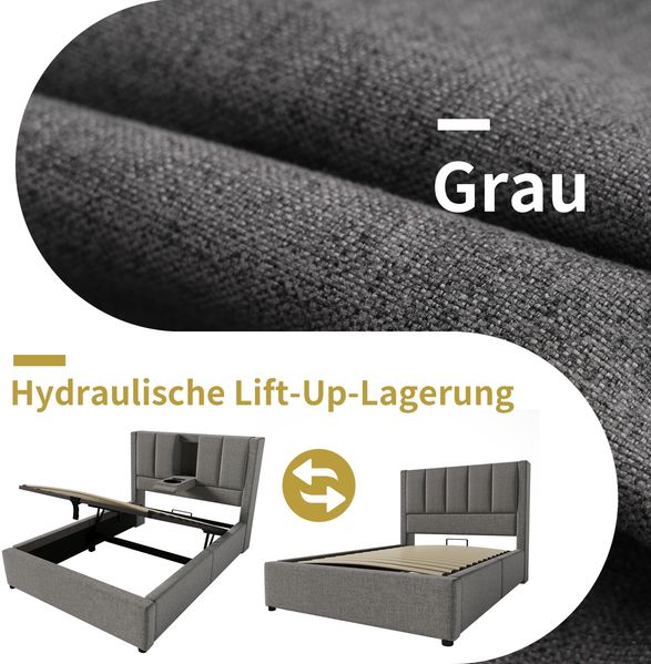 Polsterbett 90x200 cm mit Matratze, Stauraum, USB-/Type-C-Ladestation und klappbarem Becherhalter, Leinen Grau Bild 5