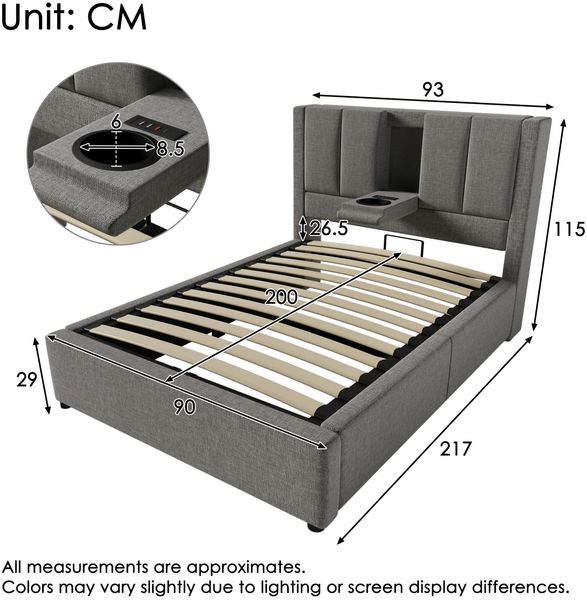 Polsterbett 90x200 cm mit Matratze, Stauraum, USB-/Type-C-Ladestation und klappbarem Becherhalter, Leinen Grau Bild 10