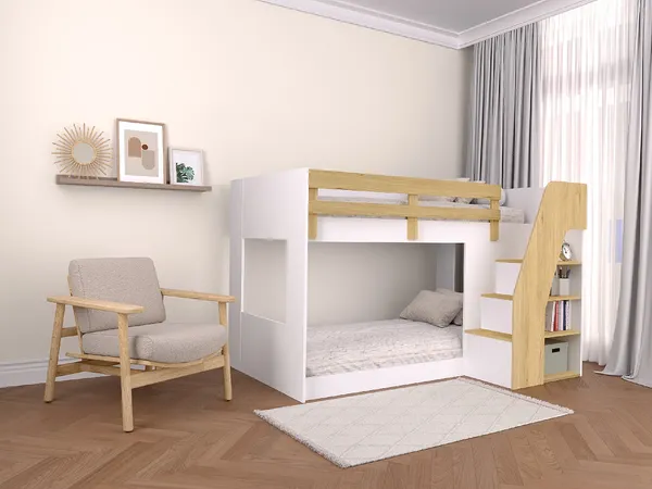 Vente-unique - NAROJAS Bett Holz, Platte BeigeWeiß - B 135,7 cm x H 128 cm x L 196,6 cm