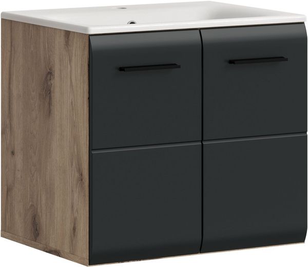 welltime Waschbeckenunterschrank FLORENZ, Breite 60 cm, inkl. Waschbecken, hängende Montage (2-St, TOPSELLER) hochwertige MDF Front, Griff schwarz, Badschrank, Bad
