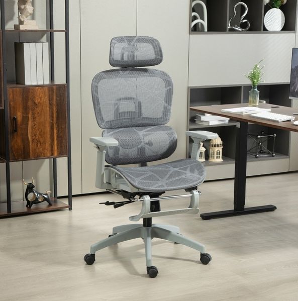 Bürostuhl 66 x 64 x 114-122 cm mit Netzstoff, Kopfstütze & Fußstütze – ergonomischer Drehstuhl in Grau