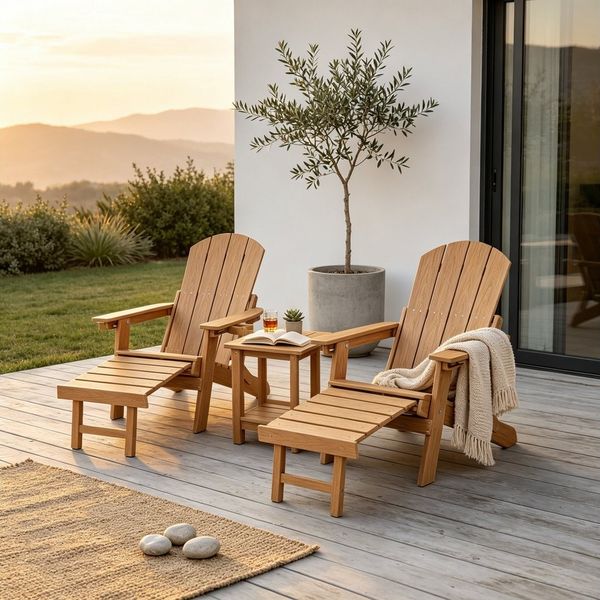 Folding Adirondack Chair with Pull-Out Ottoman & Cup Holder – Weather-Resistant HIPS Outdoor Lounge Chair for Patio, Backyard, and Poolside (Teak Color)