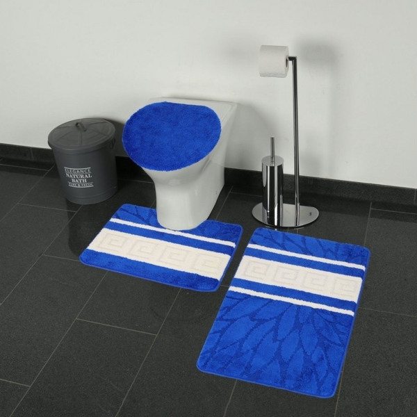3-Teilig Bad Garnitur Badematte Badvorleger Wasser absobierend Große Streifenmuster rutschfest Blau