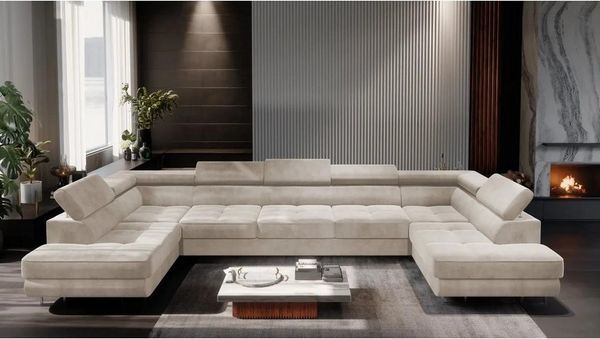 Muffo Ecksofa WILD MAXI U2, Schlaffunktion, verstellbare Kopfstützen, Hohe Metallfüße, 2x Bettzeug-Container, Symmetrische Möbel