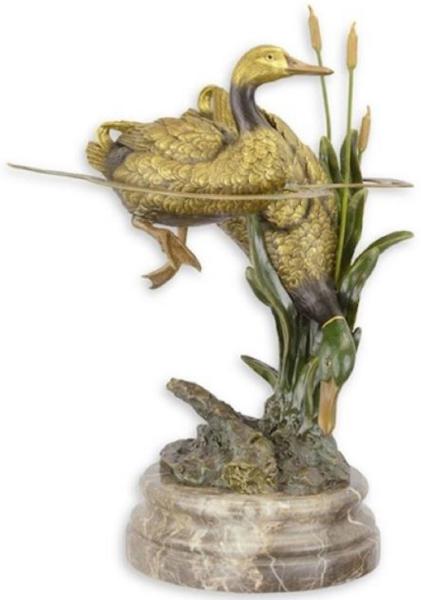 Casa Padrino Luxus Bronzefigur Enten im Teich Gold / Mehrfarbig / Grau 35,8 x 31,6 x H. 51,3 cm - Bronze Skulptur mit Marmorsockel - Wohnzimmer Deko