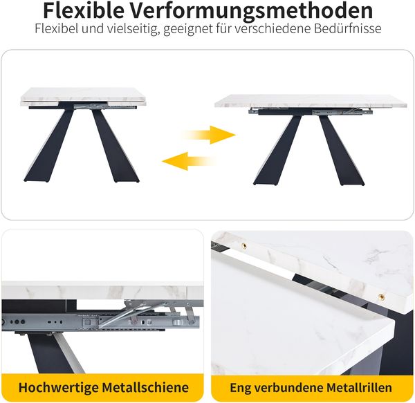 Ausziehbarer Esstisch 99–159 cm in Schwarz & Weiß, Carbonstahl-Gestell, höhenverstellbar, flexibles Metallschienensystem, rutschfeste Standfüße, 77cmx99-159cmx74cm